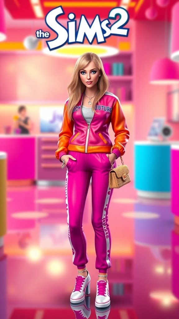 Sims 2 character in a Juicy Couture tracksuit with accessories in a vibrant setting.